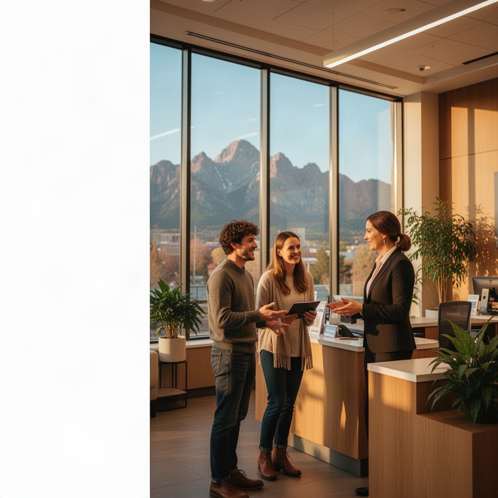 Interior of a Bellco Credit Union member service branch with tellers assisting members